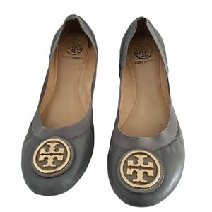 Tory Burch Claire Elastic Taupe Leather Ballet Flats Sz 8